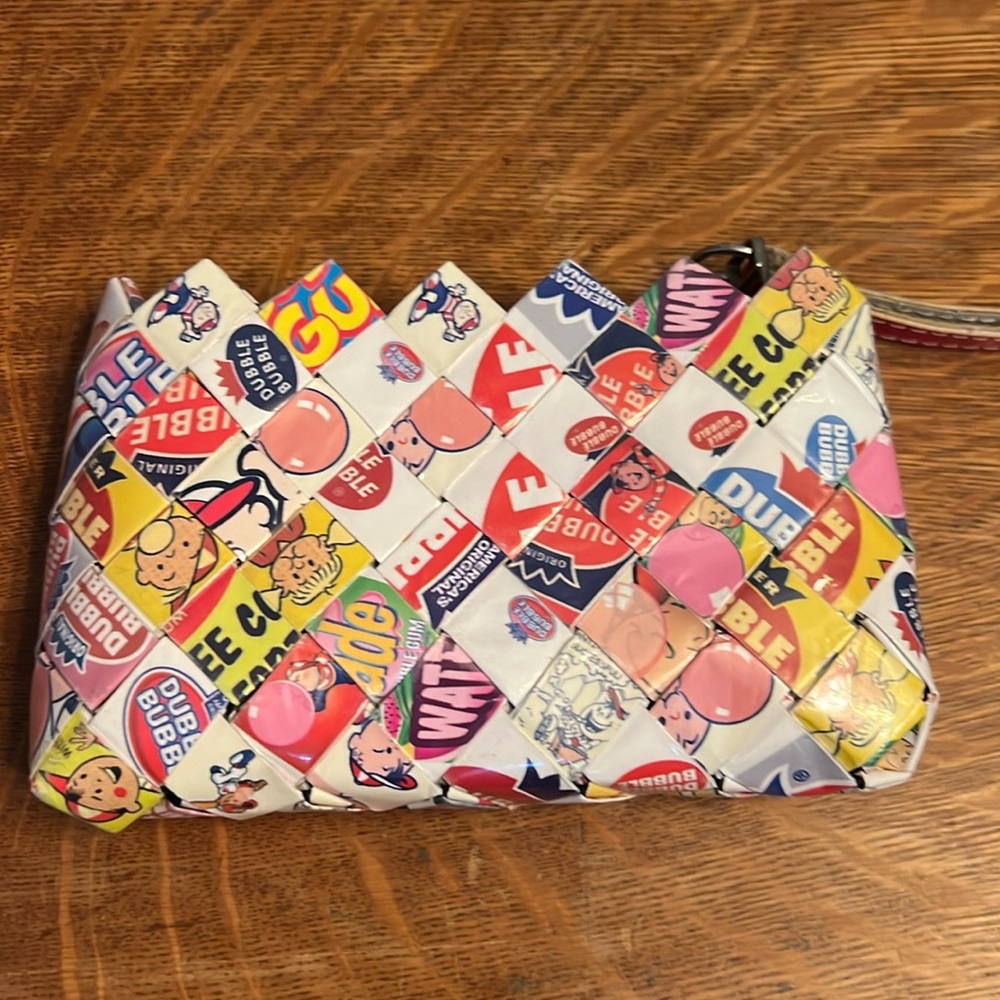 Bubble gum wrapper wristlet purse